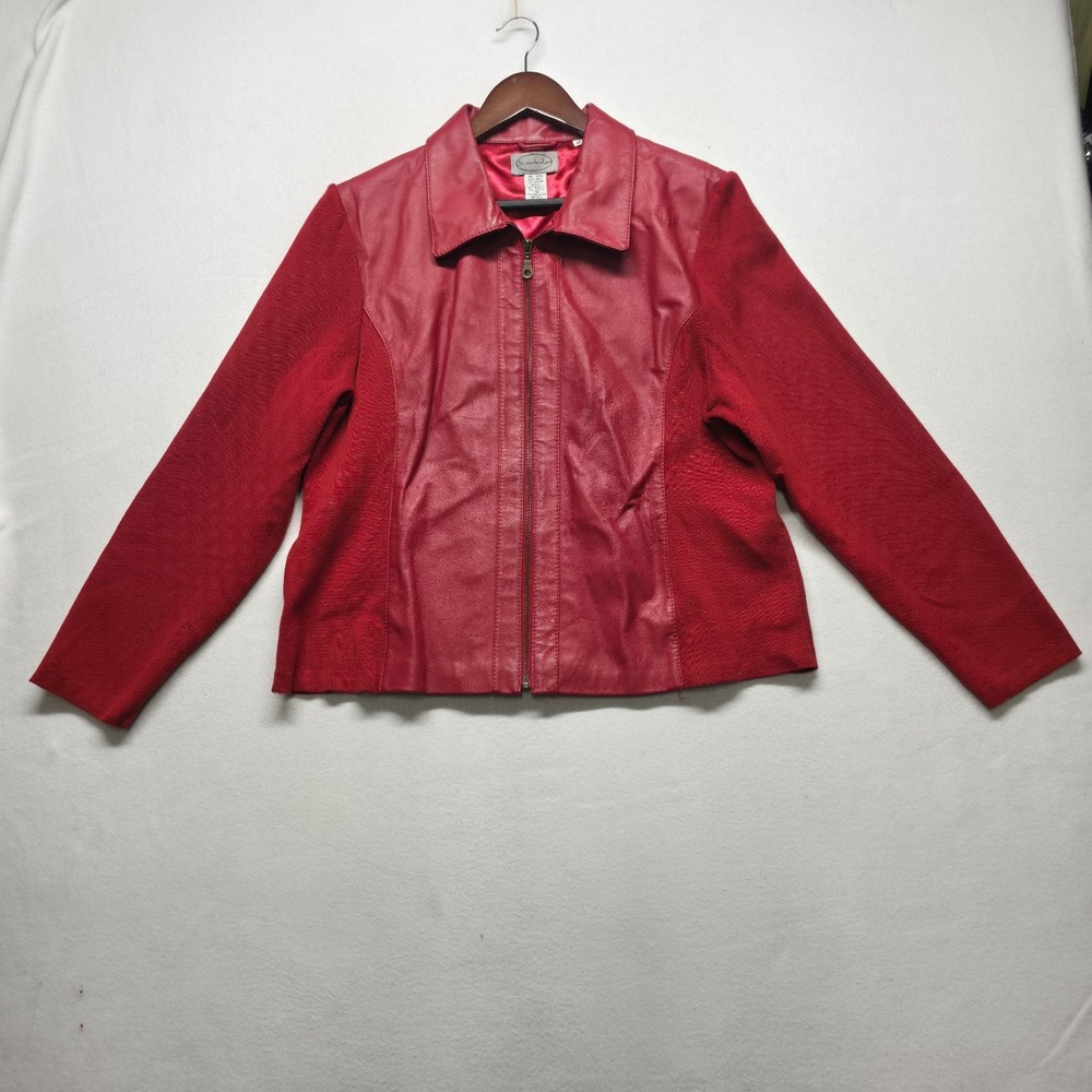 Vintage Stonebridge Women's Red Leather Jacket Knit Sleeves Size XL